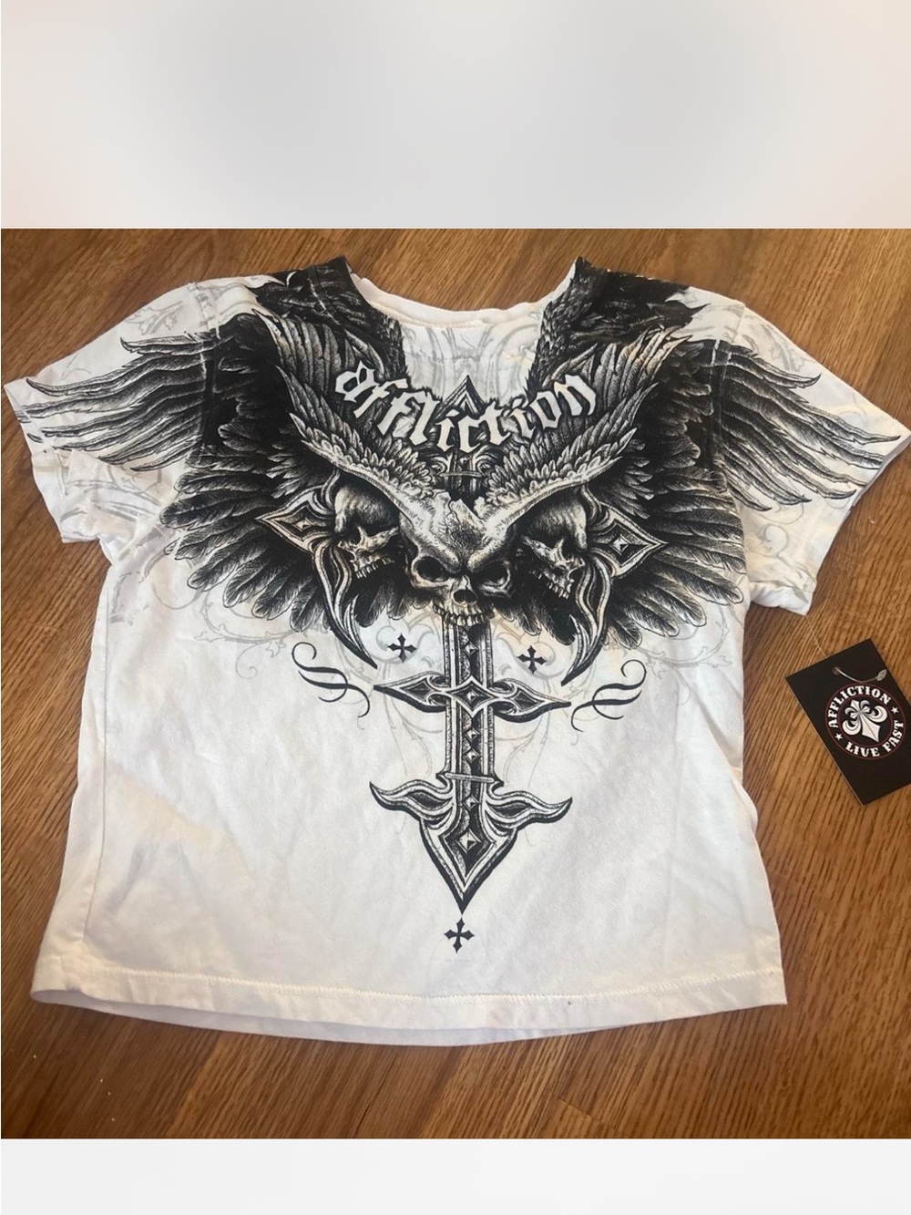 Affliction White Kids Short Sleeve Tee with Black Winged Skull Cross Graphic
